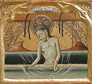 Le Christ de pitié entouré à gauche de saint Antoine abbé, de sainte Lucie et de la Vierge, et à droite de saint Jean l'Evangéliste, de sainte Catherine et d'un saint évêque, image 3/5