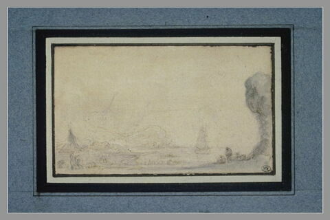 Vue d'un port avec barques, rochers et personnages