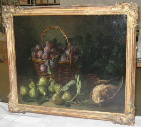 Nature morte au panier de prunes, avec figues et bécasse morte