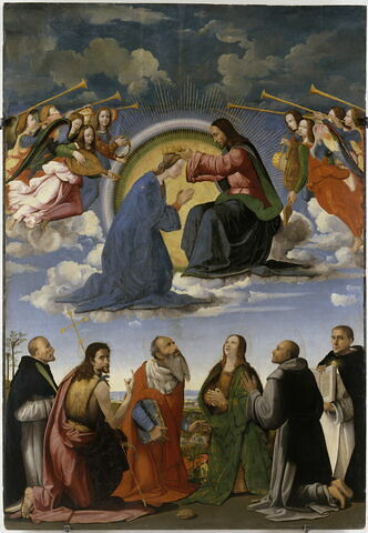 Le Couronnement de la Vierge avec six saints (Pierre martyr, Jean-Baptiste, Jérome, Madeleine, François et  Thomas d'Acquin)