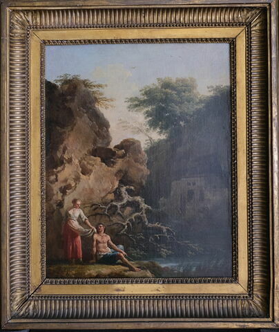 Paysage avec figures au bord de l'eau sur un fond de rocher