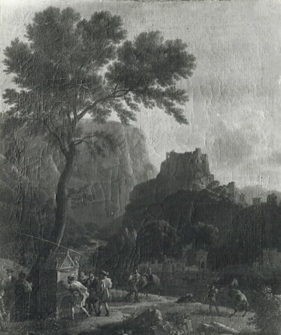 Vue de la Fontaine de Vaucluse. François 1er écrit sur le tombeau de Laure des vers qu'il composa pour elle