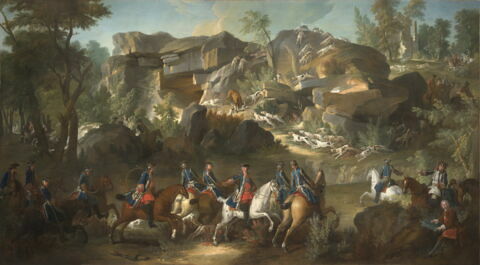 Chasse de Louis XV dans la forêt de Fontainebleau, à Franchard ; Cerf aux abois dans les rochers de Franchard