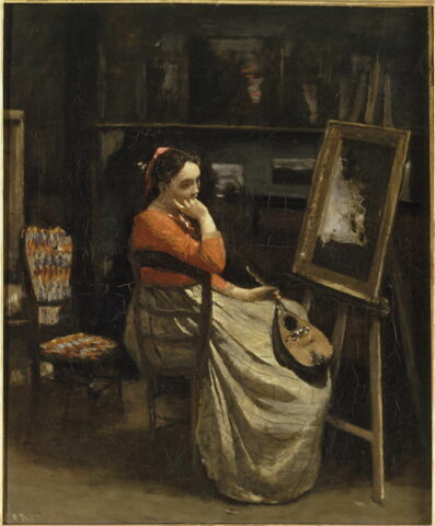 L'atelier de Corot. 
Jeune femme pensive, une mandoline à la main.