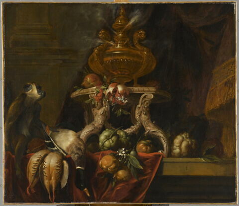 Nature morte avec cassolette, fruits, gibier et singe vervet, image 2/2