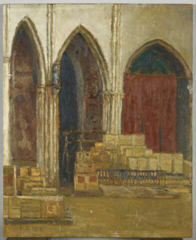 Vue intérieure de l'église des Jacobins à Toulouse en 1918, avec les caisses de tableaux évacués du Louvre