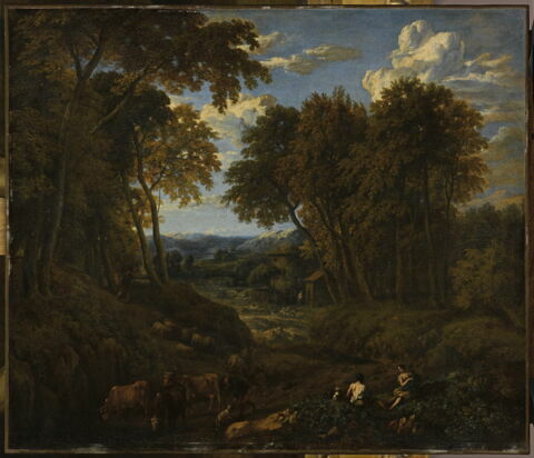 Paysage avec bergers et troupeau dans un chemin forestier