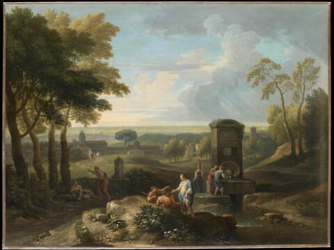 Paysage avec fontaine et diverses figures. Vue d'Italie