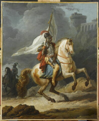 Cavalier en armure tenant un drapeau