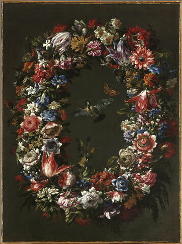 Guirlande de fleurs, oiseaux et papillon