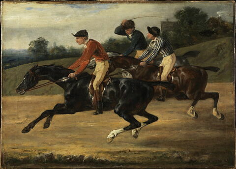 Course de chevaux montés, allant à gauche au galop