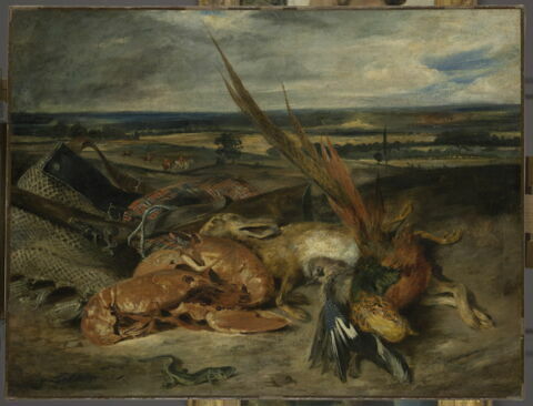 Tableau de nature morte, dit Nature morte au homard et trophées de chasse et de pêche