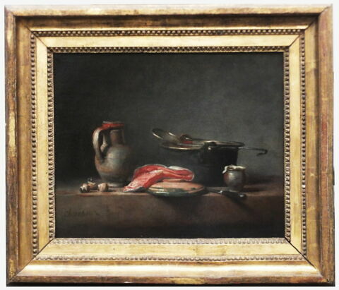 Marmite de cuivre, écumoire, cruche et tranche de saumon, image 2/26