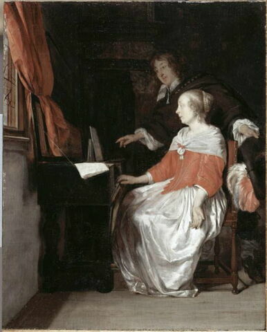 Joueuse de virginal et chanteur préparant unmorceau de musique ou Leçon de musique, image 6/7