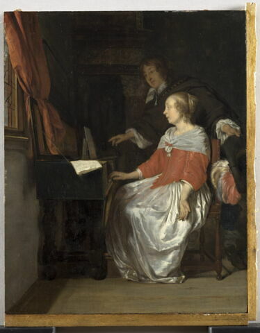 Joueuse de virginal et chanteur préparant unmorceau de musique ou Leçon de musique, image 2/7