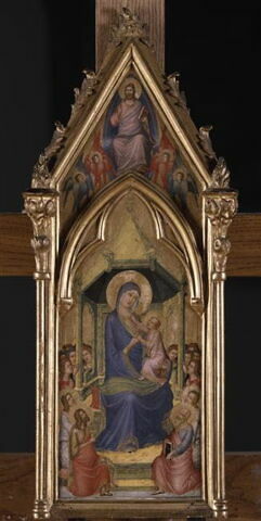 La Vierge et l'Enfant sur un trône entre des anges et quatre saints (Jean Baptiste et Jean l'Évangéliste à gauche, deux autres saints à droite) ; à l'intérieur du gâble, Dieu le Père dans une mandorle entouré de quatre séraphins., image 3/3