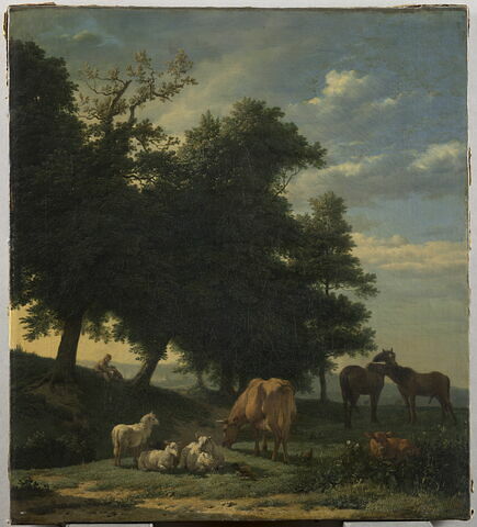 Le Pâturage. Chevaux, vaches et brebis dans un pré.