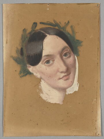 Tête de femme de trois quarts à gauche couronnée de laurier. Madame Jules Janin