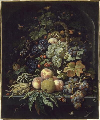 Fruits, corbeille, insectes et papillons sur fond de niche en pierre, image 4/4