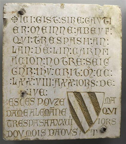 Épitaphe du croisé Gautier Meinne Abeuf († 20 juillet 1278) et de sa femme Alemanne († 27 août 1278)