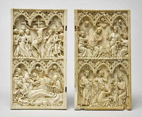 Feuillet droit de diptyque : le Couronnement de la Vierge ; l'Adoration des Mages., image 2/3