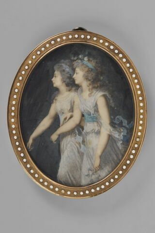 Miniature ovale dans un cadre en laiton doré et émaillé : les deux soeurs par Hall (?)