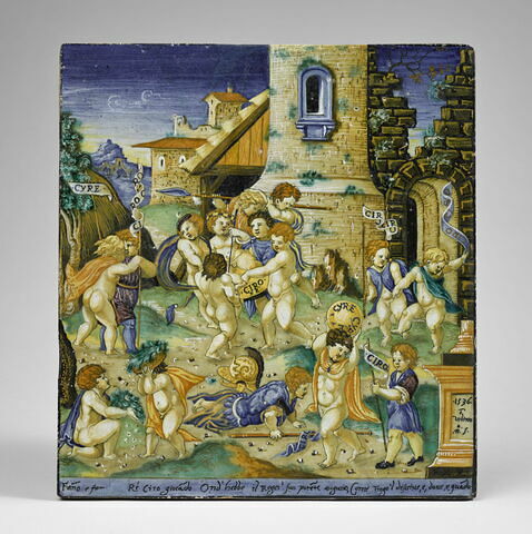 Plaque rectangulaire : Cyrus élu roi par les enfants du village