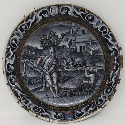 Assiette : Le mois de juillet, d'un ensemble de cinq assiettes du service aux armoiries rapprochées de celles de la famille Séguier (R 262, R 264, MR 2431, R 268, MR 2429)