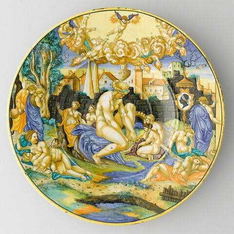 Plat rond : la Décadence de Rome ; armoiries du cardinal Antonio Pucci (1485-1544) de Florence