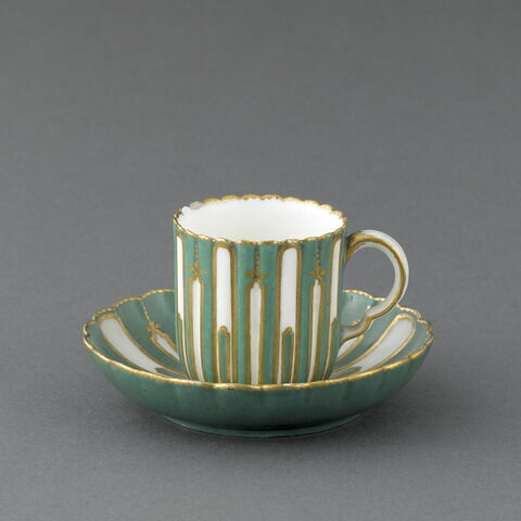 Tasse et soucoupe à godrons verts blancs et rehauts d'or, image 3/7