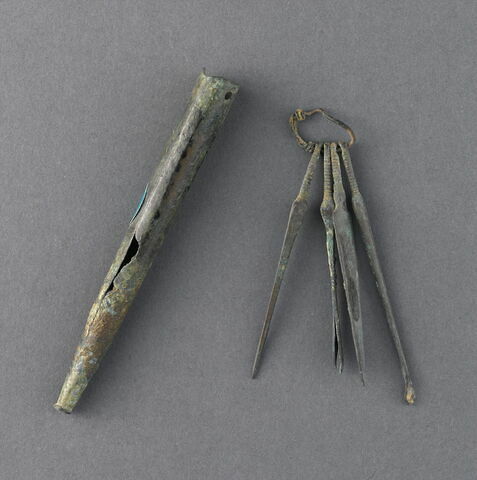 étui d'objet de toilette ; cornet à fard ; pincettes ; curette ; lancette  ; anneau