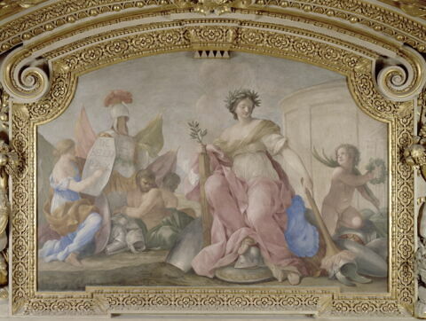 Plafond : Salon de la paix : La Paix mettant le feu à un monceau d'armes (ou la Paix), au dessus de la corniche, côté sud., image 3/4