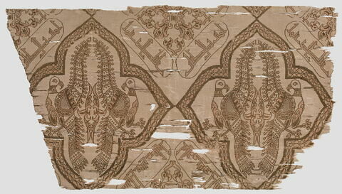 Fragment de tissu aux perroquets adossés et à inscriptions