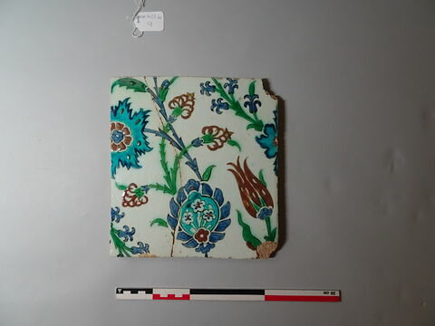 Carreau aux tiges ondulantes, fleurs saz épanouies, quatre fleurs et fleur feuillue