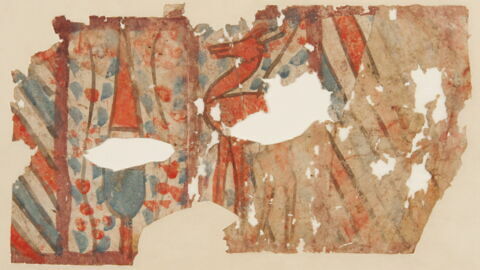 Fragment de dessin : décor de rayures et animal schématique