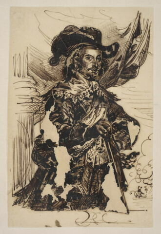 Homme coiffé d'un chapeau à plumes