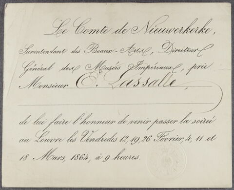 Invitation du Comte de Nieuwerkerke à Emile Lassalle