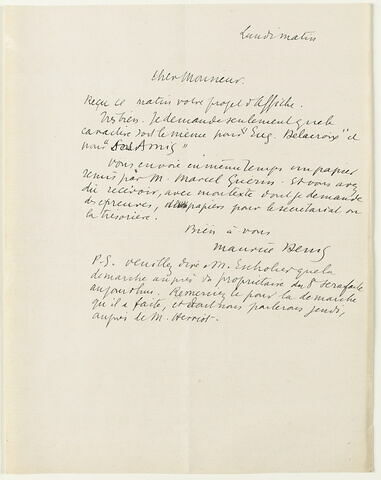Lettre autographe signée Maurice Denis à Jean Sergent, lundi matin