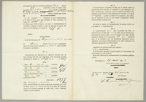 Acte de concession à perpétuité d'un terrain dans le cimetière de l'Est au nom de Eugène François Charles Legrand, 25 août 1863