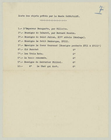 Liste de prêts d'enseigne : Musée Carnavalet