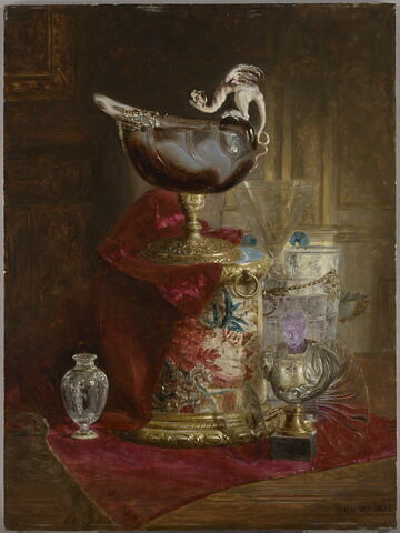 Nature morte à la coupe de sardoine en forme de nautile posée sur un socle habillé de tapisserie, urne, verres et buste d’empereur