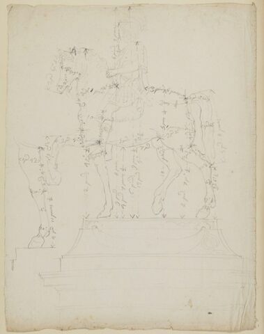 Statue équestre de Louis XIII, vue sous son côté gauche, avec indications de mesures