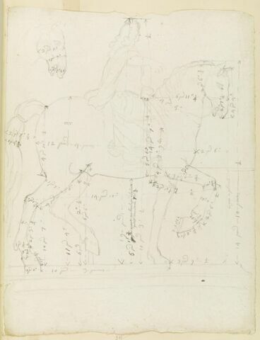 Statue équestre de Louis XIV, vue sous son côté droit, avec indications de mesures