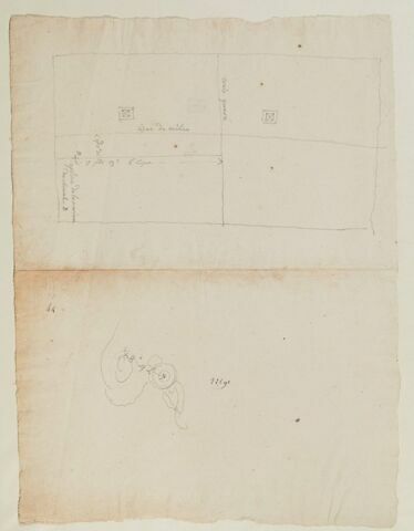 Plan du piédestal de la statue équestre de Louis XIV et ébauche de la bouche du cheval