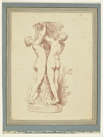 Deux nymphes nues soutenant un vase orné de fleurs