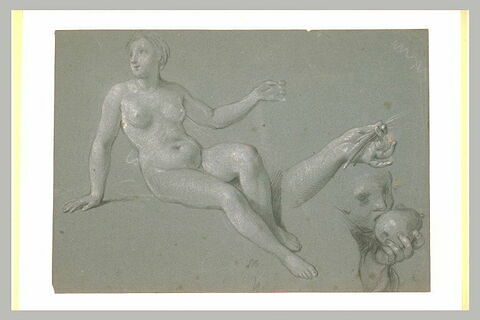 Femme nue, reprise de sa main gauche, et enfant mordant dans une pomme, image 2/2