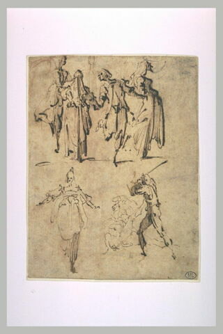 Ronde de danseurs grotesques ; scène de meurtre ; femme vue de face