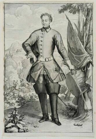 Charles XII debout, de face, son chapeau sous le bras et une épée à la main