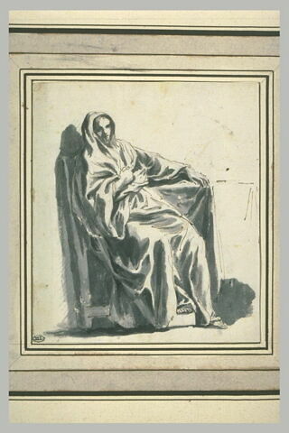 Femme assise, tournée vers la droite, couverte d'un vaste manteau drapé,...