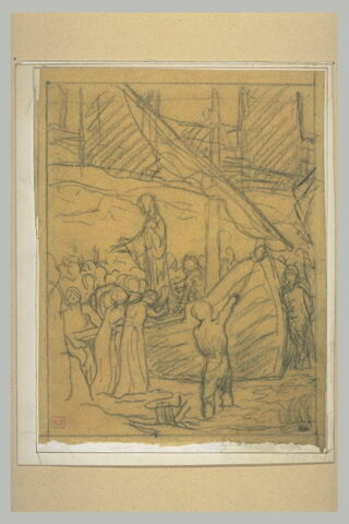 Personnages autour d'un bateau, une femme debout sur le pont